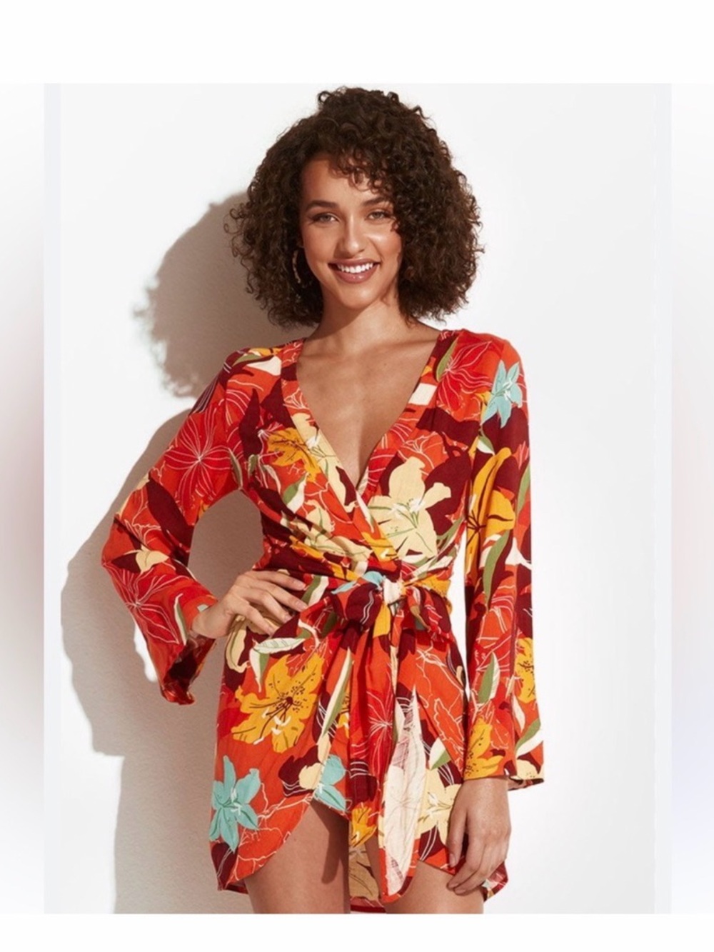 EUC CUPSHE Floral Wrap Mini Dress in Vibrant Orange